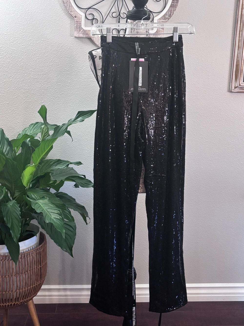 Pretty Little Thing Black Sequin Straight-Leg Pants